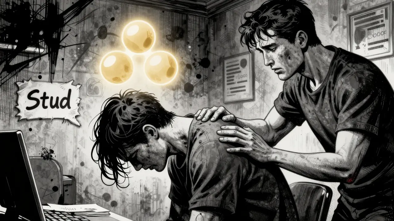 Terapeut klade ruku na pacienta, nad nimi plave symbol soucitu, temné stíny se vinou kolem.