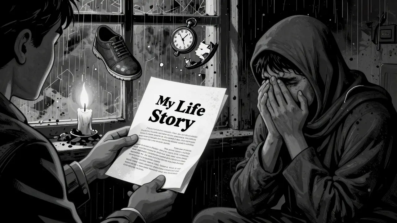 Terapeut podává pacientovi tisknutý příběh života, kolem něj plavou symboly z minulosti.