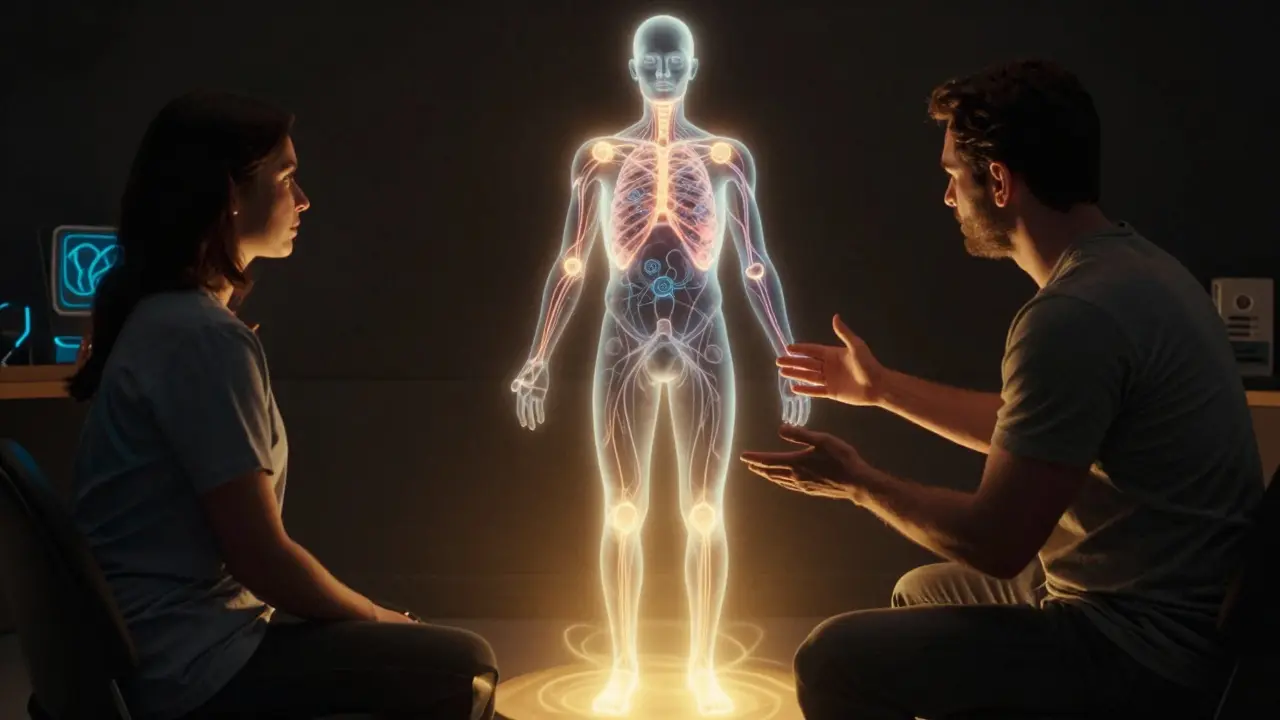 Terapeut pomáhá klientovi, jehož tělo ukazuje zablokovanou energii v nervových cestách.