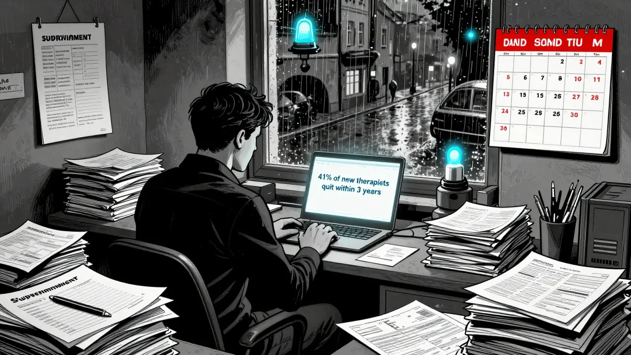 Terapeut v domácí kanceláři přehlíží dokumenty, zatímco obrazovka ukazuje, že většina nových terapeutů opouští profesi.