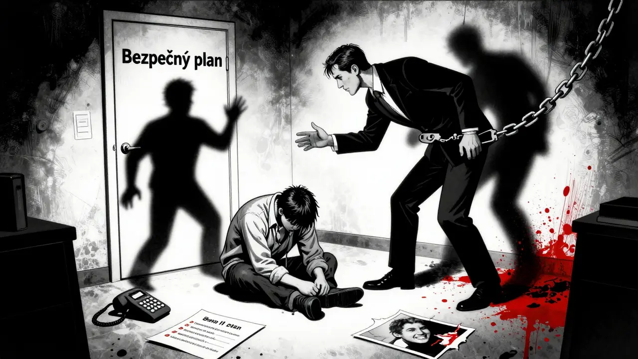 Terapeut v těsném kancelářském prostoru, jeho stín poutá klienta, na zemi jsou znaky bezpečného plánu.