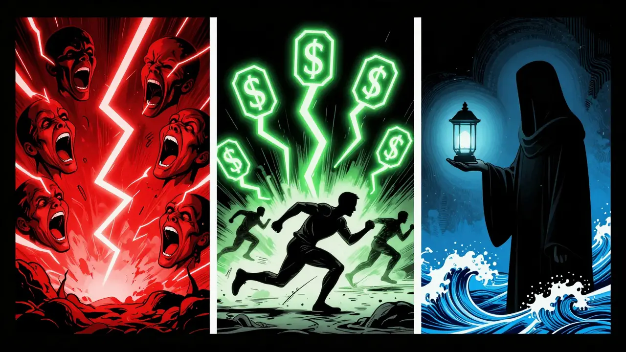 Tři emoční systémy v mozku znázorněny jako tři odlišné světy: hrozba, podnět a uklidnění, v stylu černobílého komiksu s červenými akcenty.