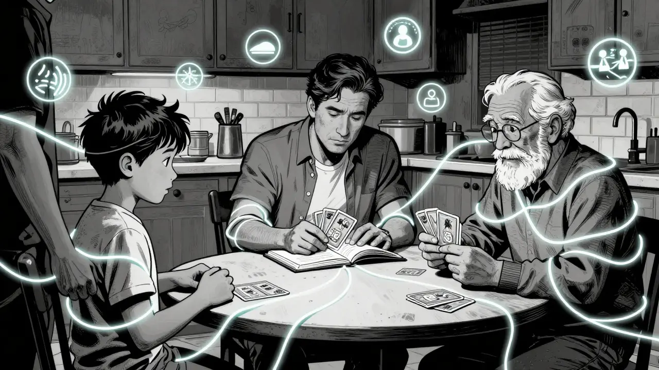 Tři generace spojeny zářícími vlákny emocionální odolnosti.