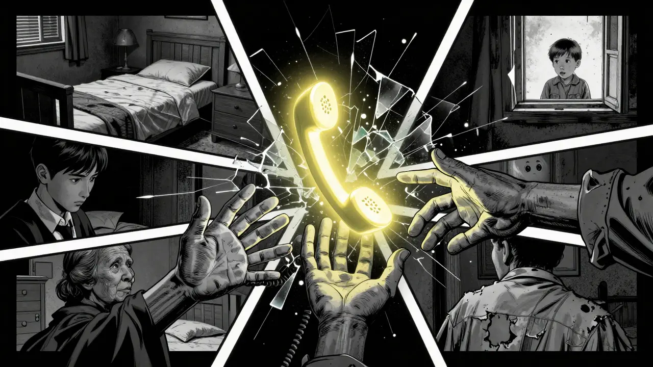 Tři ruce se táhne k zářícímu telefonu — teen, stará žena, muž v práci — v temném městském prostředí.