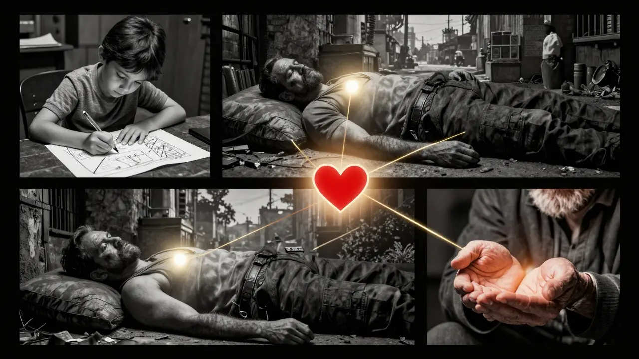 Tři scény ukazují dítě, veterána a starší osobu spojené zlatými vlákny k srdci jako symbolu hojení.