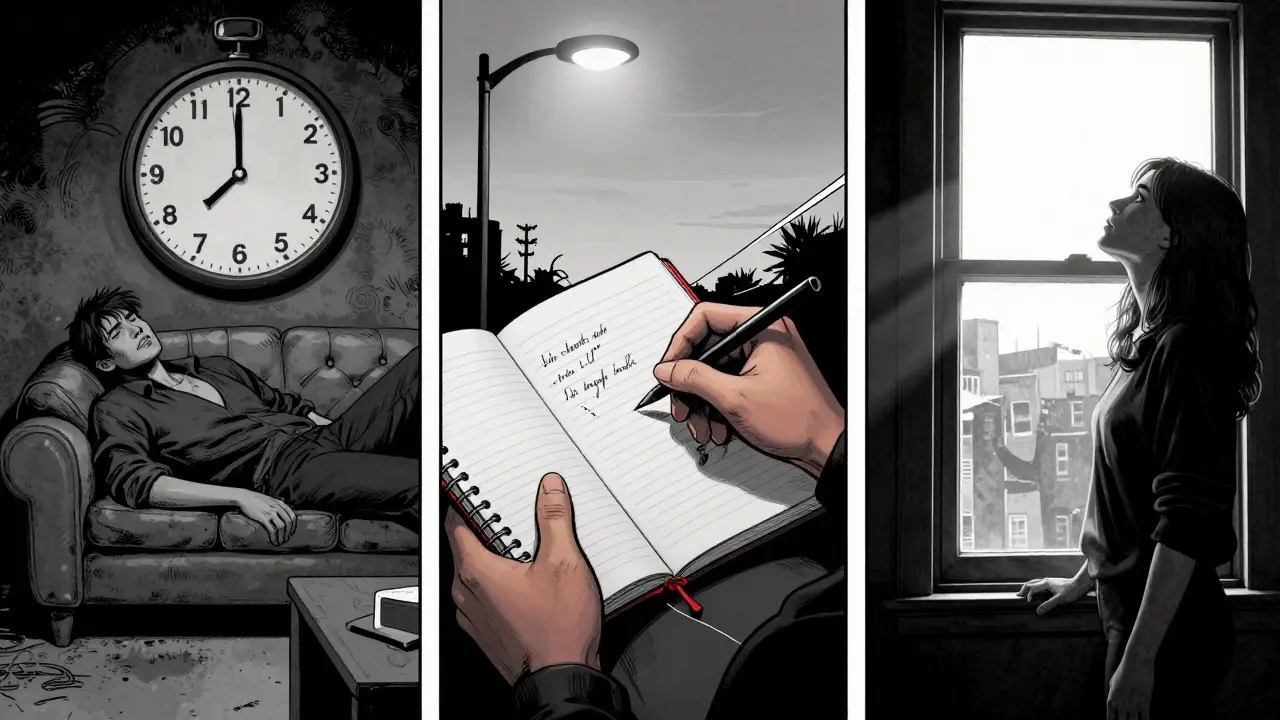 Tři scény ukazují únavu, malý krok a klidný okamžik světla.