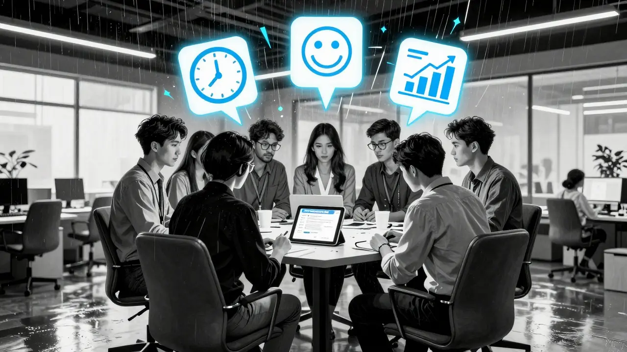 Tým zaměstnanců používající anonymní psychologickou linku v moderním kancelářském prostředí, neonové zvýraznění.