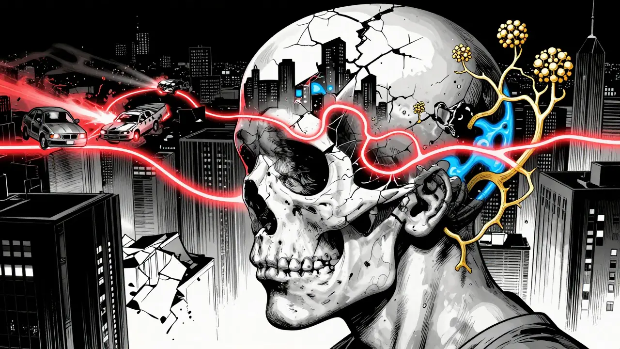 Vnitřní vidění mozku jako zničeného města, kde ketamin vytváří nové spojení mezi traumatickými vzpomínkami.