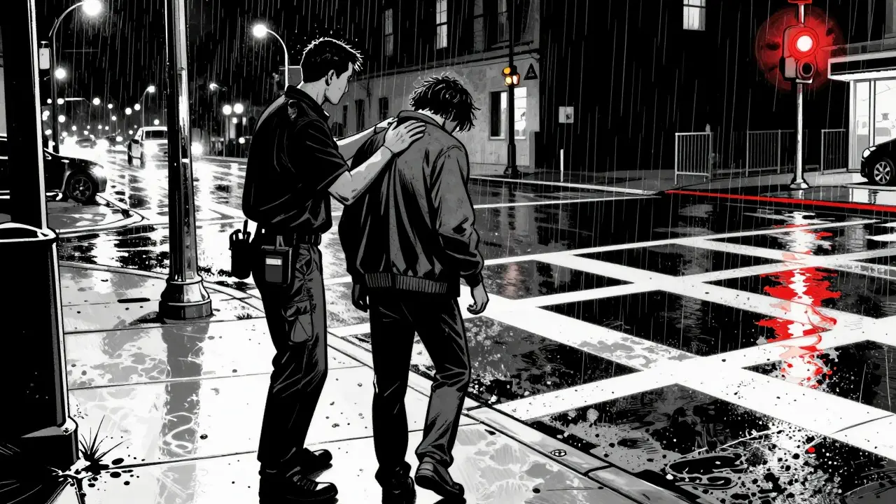 Záchranník vede zmatenou osobu pryč od silnice, deštivé město v pozadí s červenými akcenty.