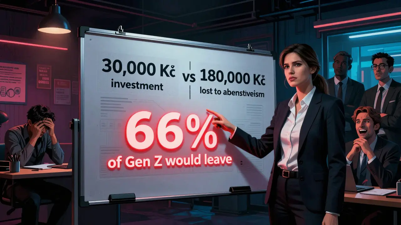 Zaměstnanec prezentuje náklady vs. úspory psychoterapie CEO a HR, kontrast mezi vyhořením a prosperitou.