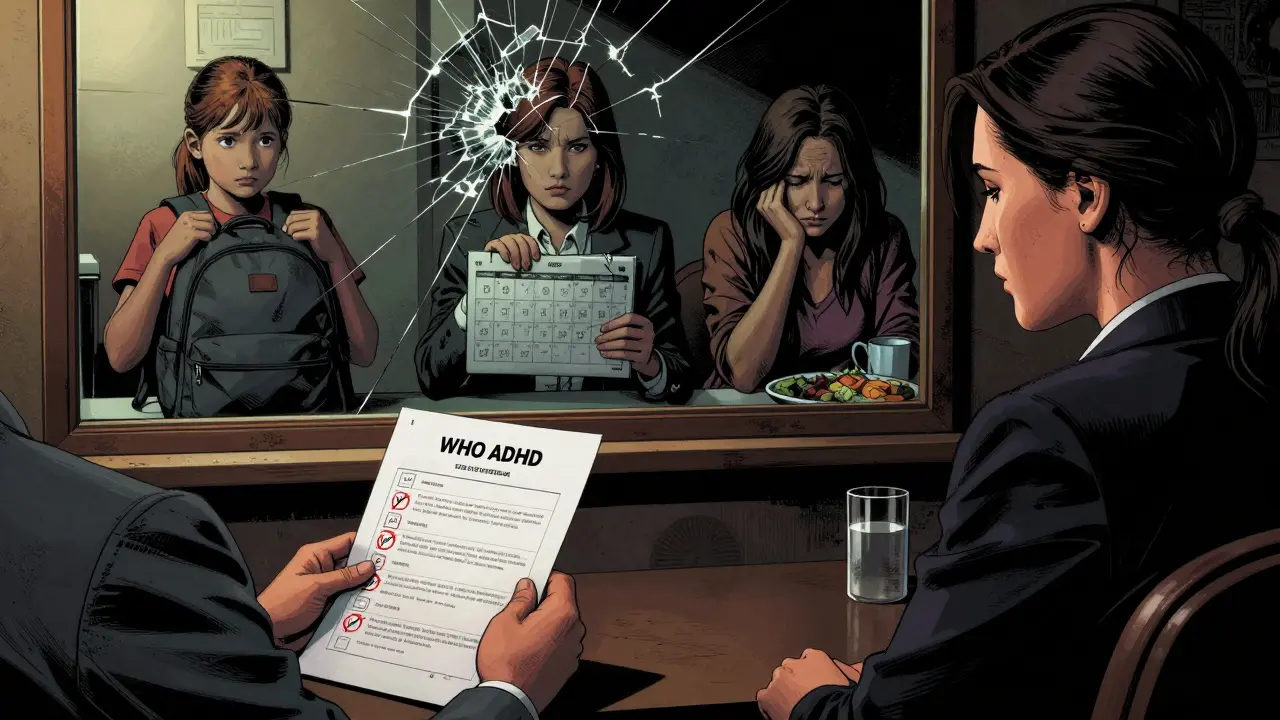 Žena s testem ADHD u psychiatra, za ní odraz tří fází jejího života v zrcadle.