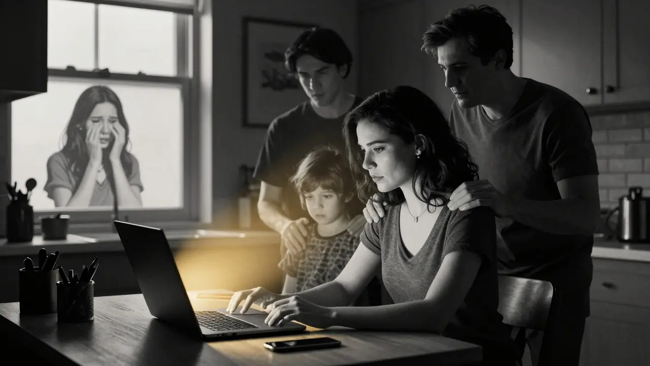 Žena v kuchyni na online terapii, její rodina ji podporuje v odrazu okna.