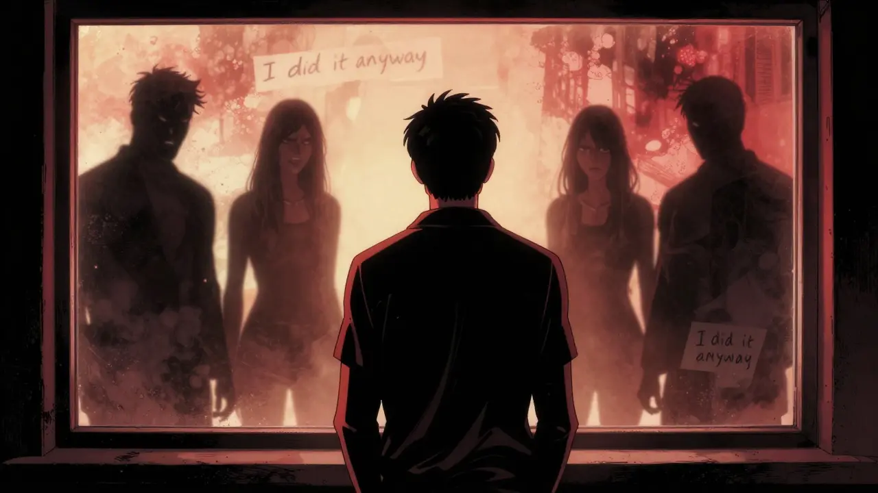 Člověk stojí u okna, když jeho minulé sebe se mění v světlo.