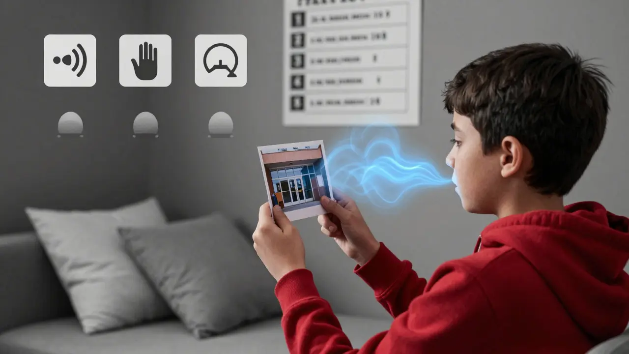 Dítě používá techniku 5-4-3-2-1 s fotografií vstupu do školy a senzorickými pomůckami.