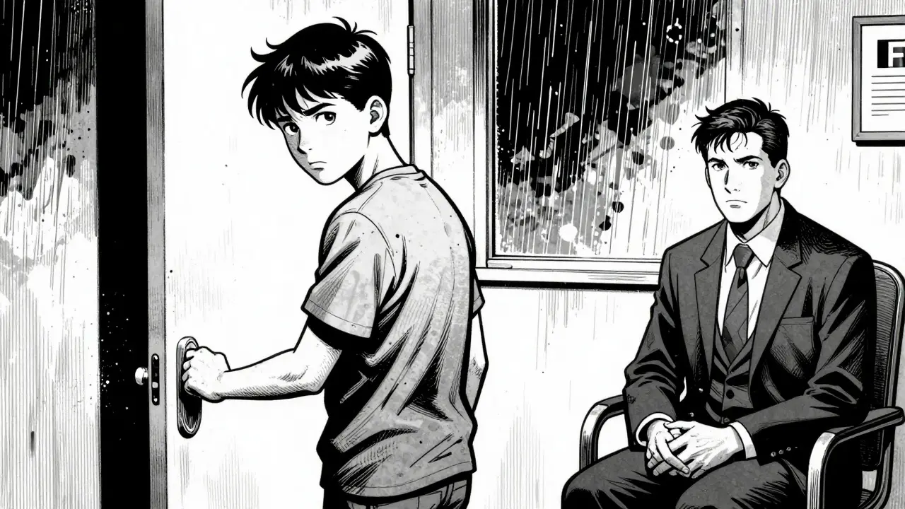 Dospívající se obrací u dveří, terapeut klidně sleduje, bez slov.