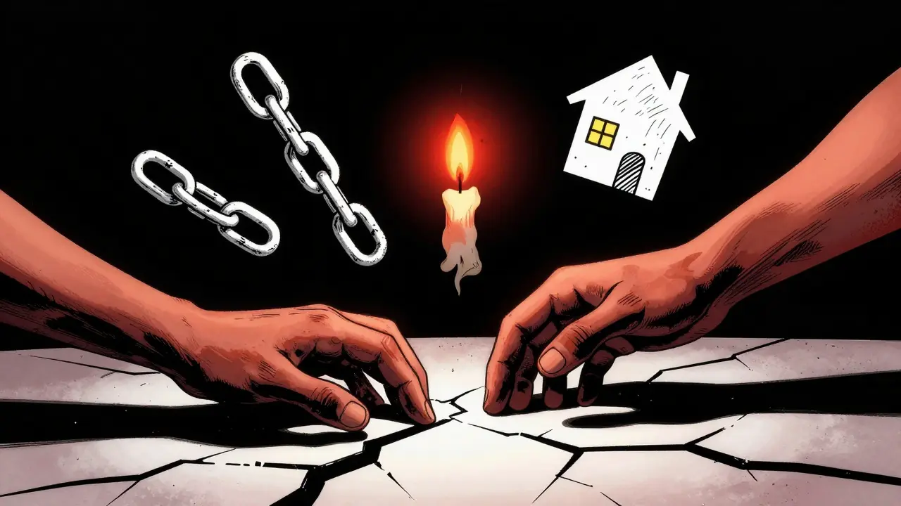 Dvě ruce se blíží k sobě přes rozbitý stůl, symboly bezpečí a spojení.