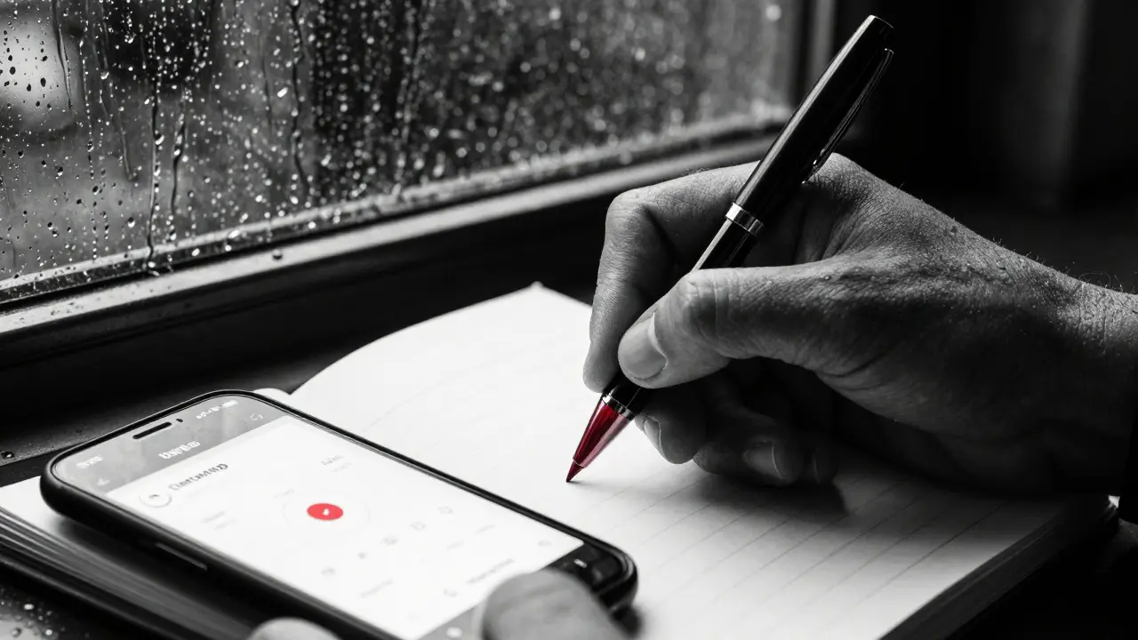 Klient sleduje pití v zápisníku během terapie.