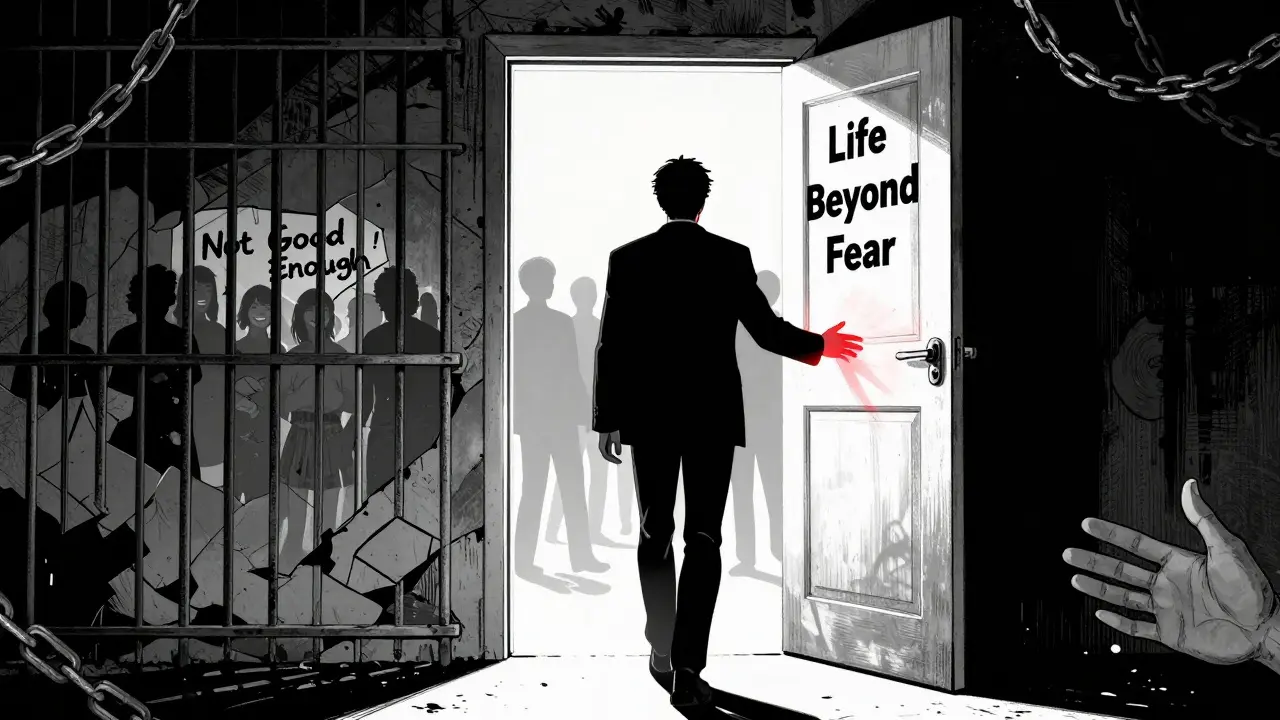 Muž na prahu dveří označených 'Život za strachem', za ním vězení, před ním slib nového života.