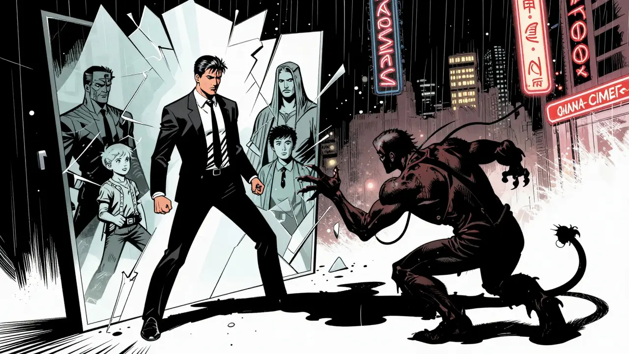 Muž před rozbitým zrcadlem, každá štěpina odrazuje jinou verzi sebe, jeho stín se mění v živou entitu.