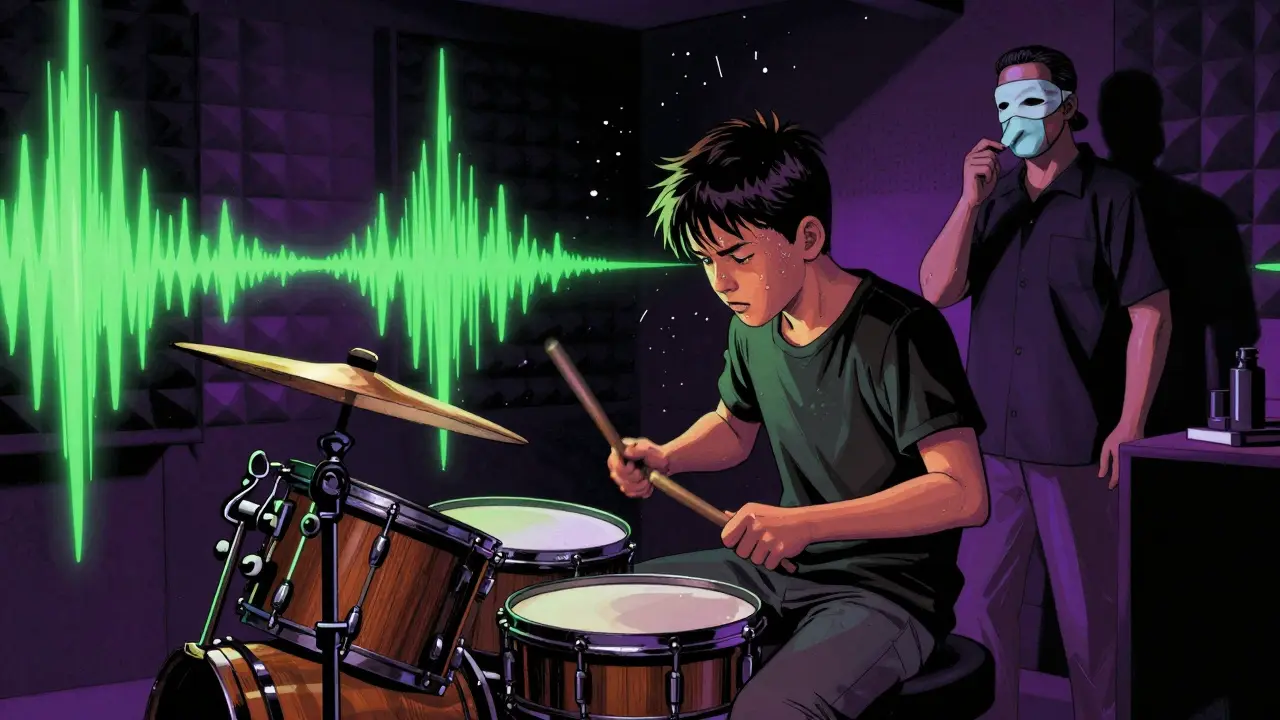 Nepřítomný teenager hraje na buben v terapeutické místnosti, zvuky se projevují jako zářivé vlny.