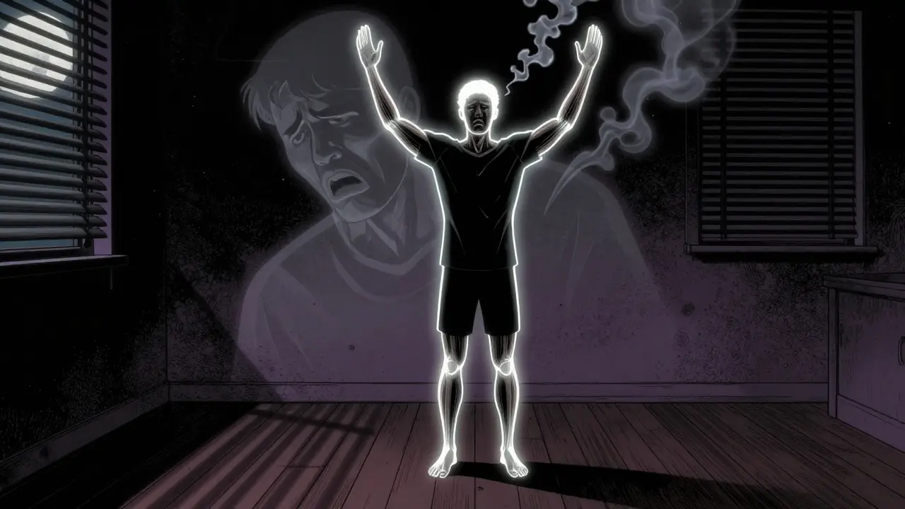 Osoba provádí progresivní svalovou relaxaci večer, s vykreslenými svaly a úzkostí, která se rozpouští.