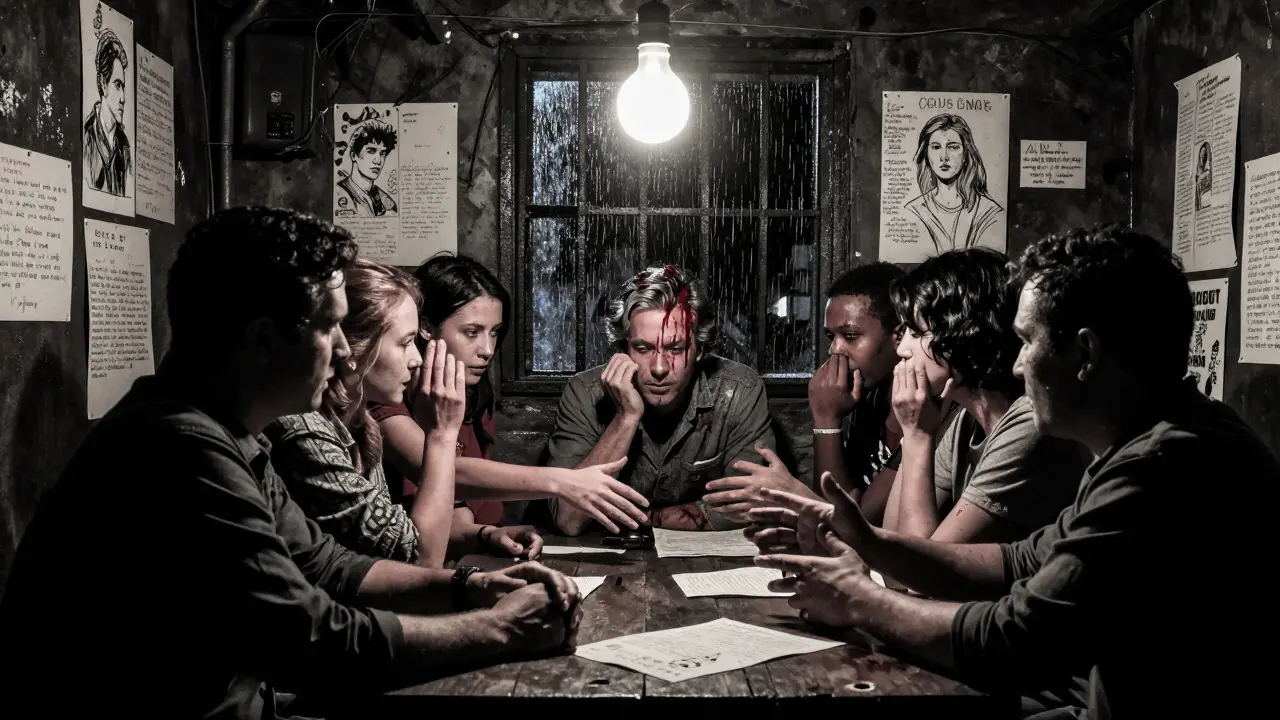 Skupina lidí v podzemí sdílí příběhy pod jedinou žárovkou, stěny pokryté rukopisy.