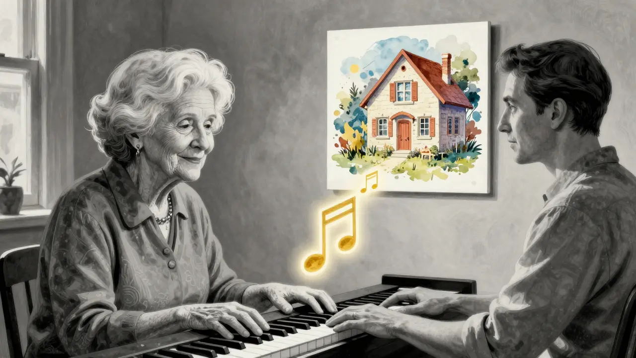 Stará žena se usmívá, když se její vzpomínka spojuje s hudbou a kresbou v terapii.