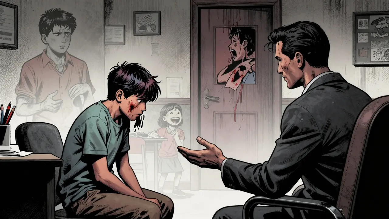 Terapeut a klient v kanceláři, za nimi stíny dětských traumata s červenými výraznými značkami.