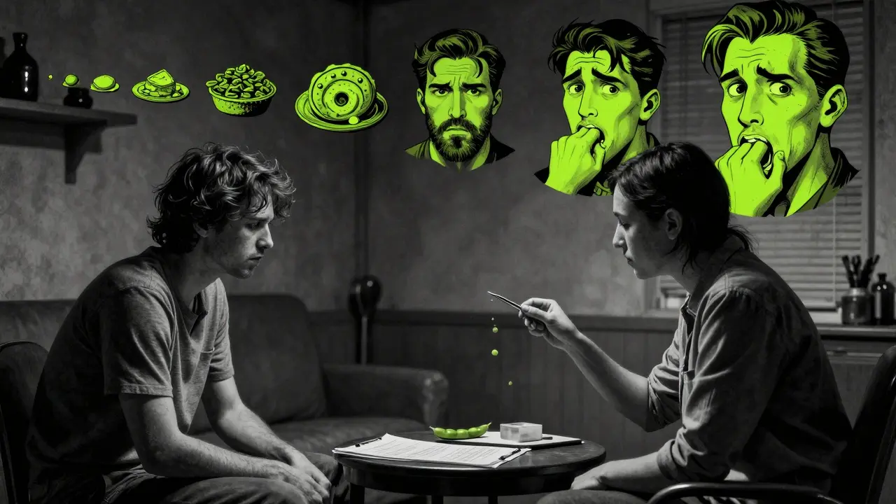 Terapeut a pacient pracují na expoziční terapii, vznikají vizuální reprezentace strachu z jídla.