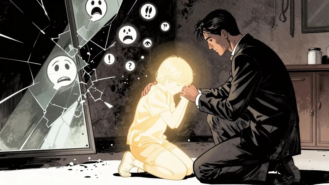 Terapeut a pacient v místnosti, kde průhledné dítě přijímá objímání, symbolizující vnitřní zhojení traumatu.