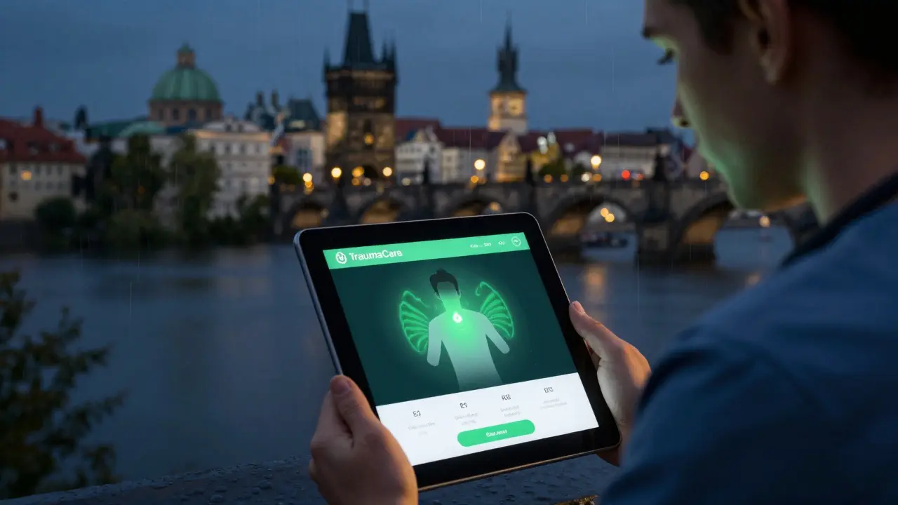 Terapeut používá aplikaci TraumaCare v klinice s výhledem na Prahu