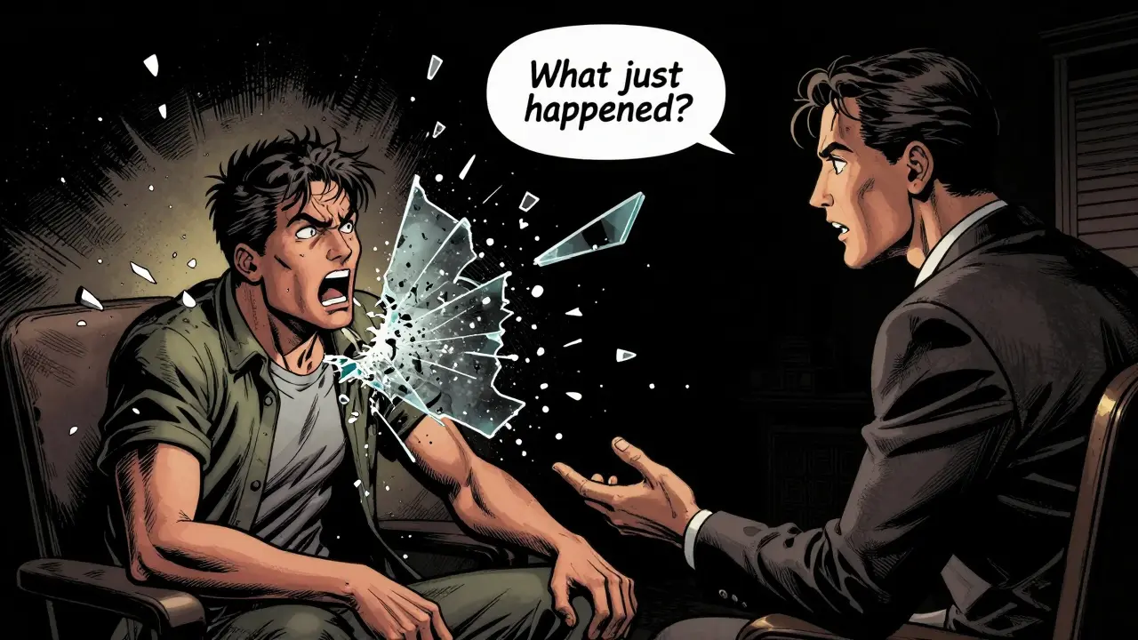 Terapeut ukazuje na emocionální přenos během sezení, pacient reaguje silnou tělesnou reakcí, okolo letí skelné šroty.