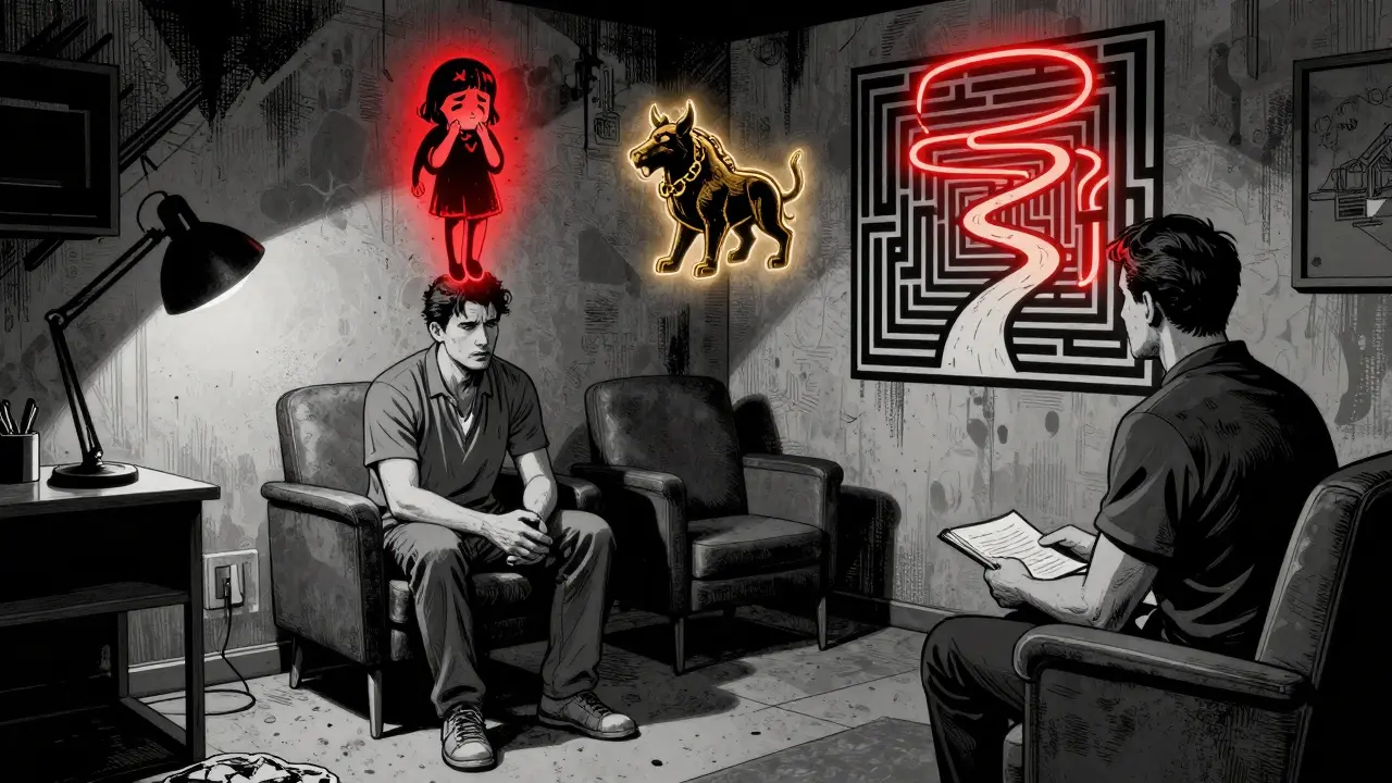 Terapeutická místnost v Praze, kde z myslí lidí vystupují symboly dítěte, řetězu a cesty.