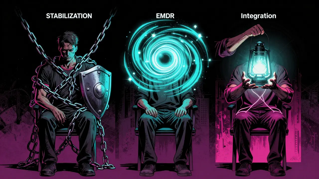 Tři fáze léčby komplexního traumatu: stabilizace, zpracování a integrace, zobrazené jako floating panely s symbolickými prvky.