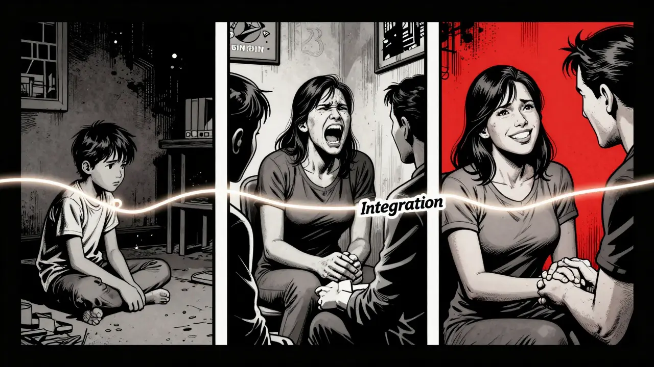 Tři scény spojené zářivou nitkou: dítě, pacient a dospělý člověk vztahující se k sobě, symbolizující integraci identity.