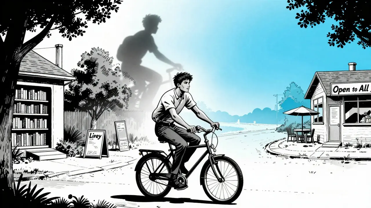 Young adult cycling through neighborhood, leaving childhood behind, as soft blue horizon glows ahead in gritty comic style.