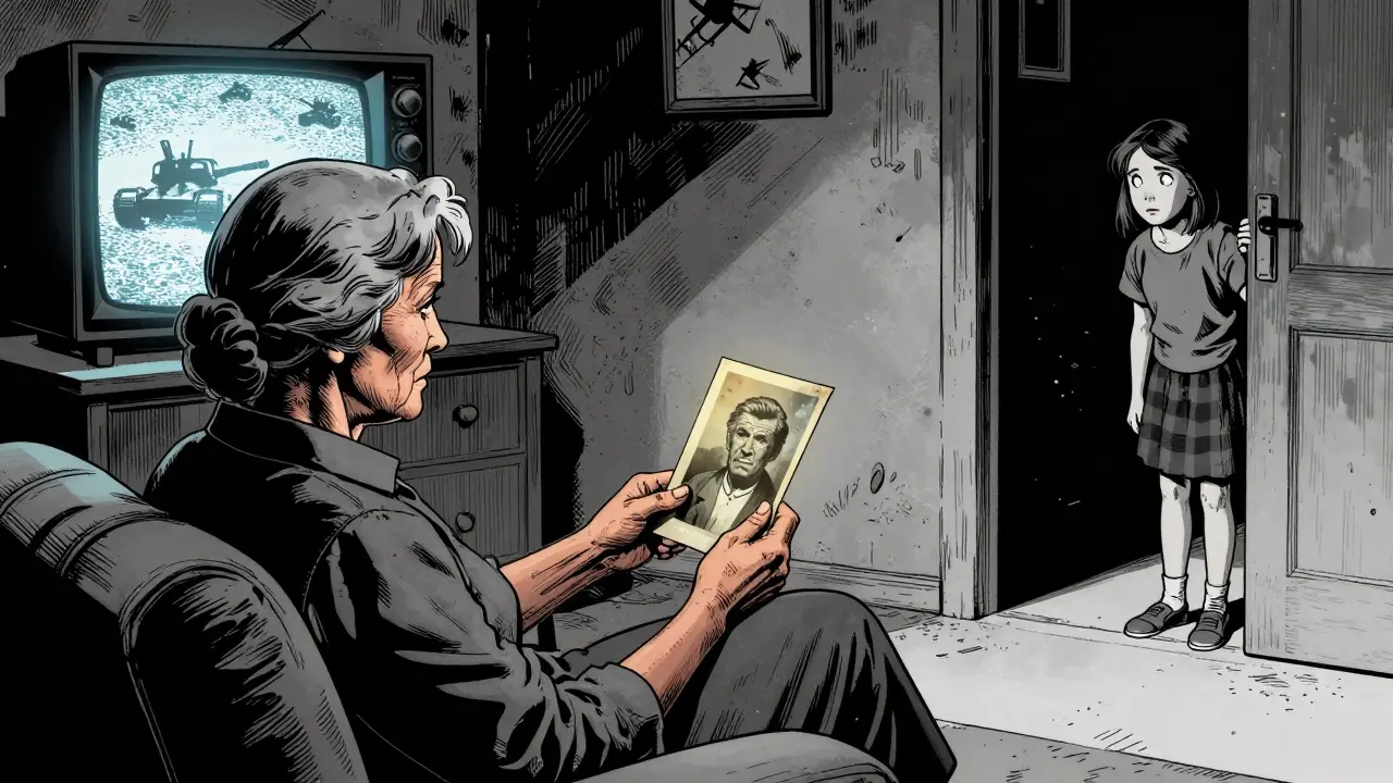 Žena drží fotografii v bytě, dívka se dívá z dveří, televize ukazuje statický obraz tanků.