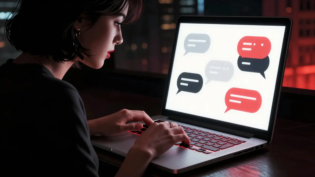 Žena na laptopu s abstraktními chat bublinkami a červeným zvýrazněním.