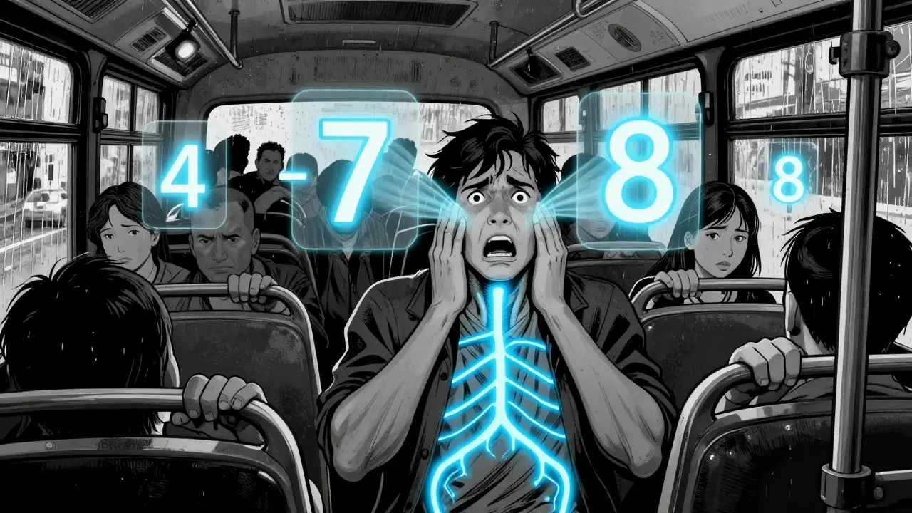 Žena v autobuse používá techniku 4-7-8, v okolí se objevují svítící čísla dýchacího cyklu.