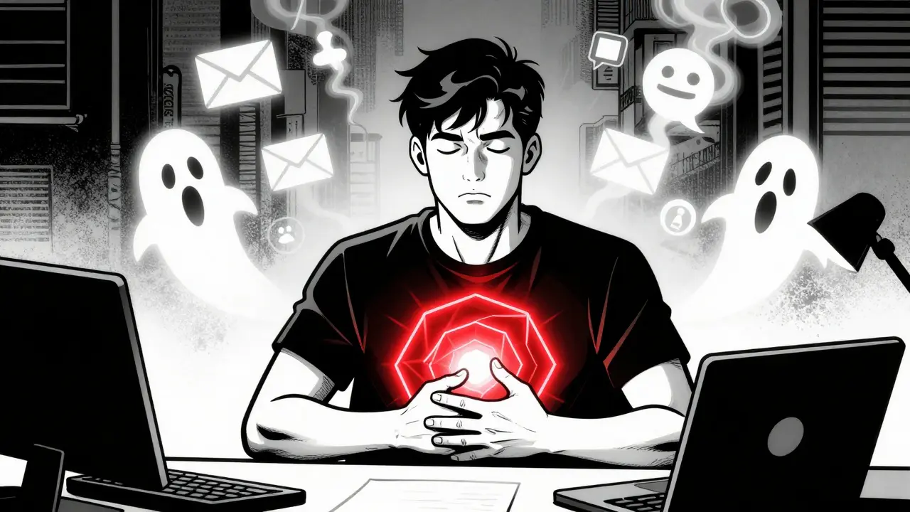 Člověk dělá dechové cvičení u stolu, zatímco digitální notifikace unikají jako kouř.