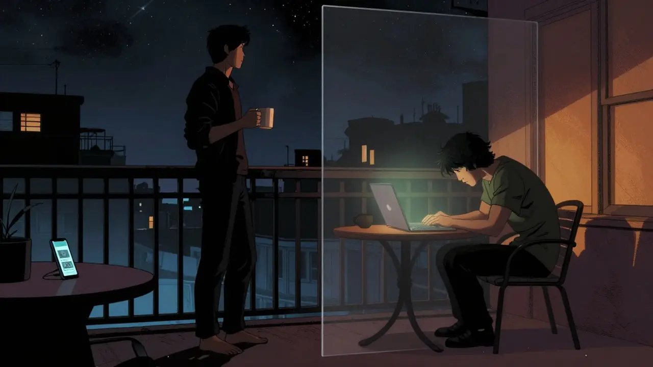 Člověk stojí na balkoně s kávou, zatímco jeho minulý sebepřípad se ztrácí v temnotě.