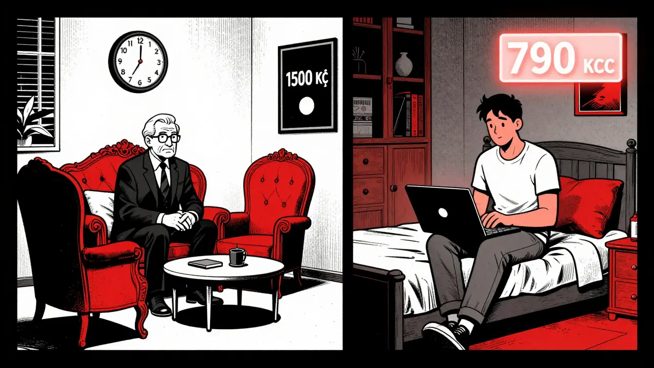 Contrast between traditional therapy office and modern online session.