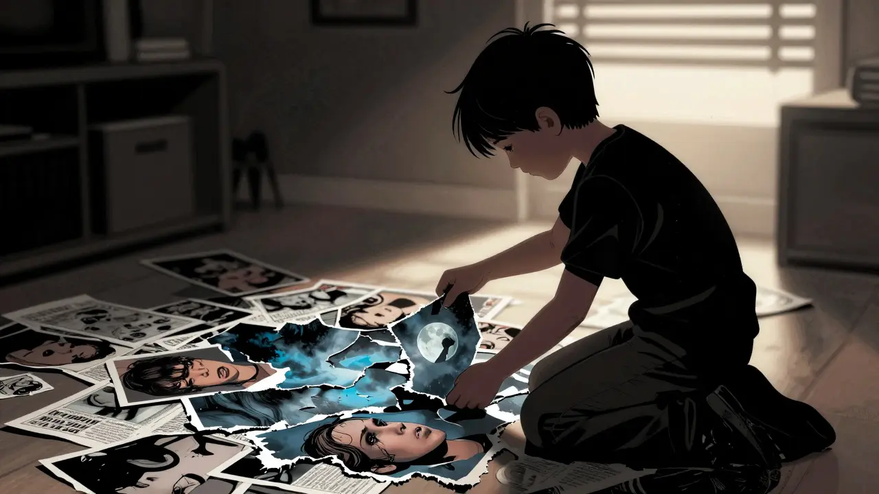 Dítě vytváří koláž z kousků časopisů na podlaze, jemné ranní světlo a temné pozadí.