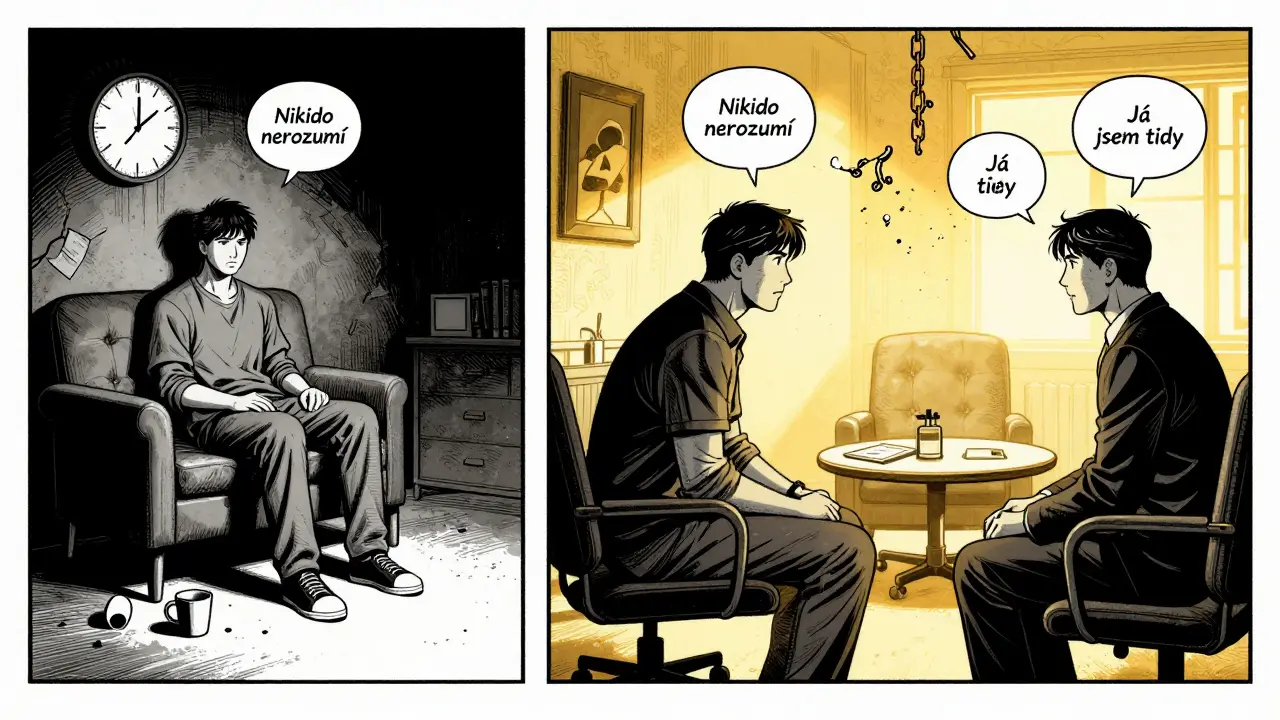 Dvě scény: osamělý člověk v temnotě a ten samý v teplé konzultaci s psychiatrem.