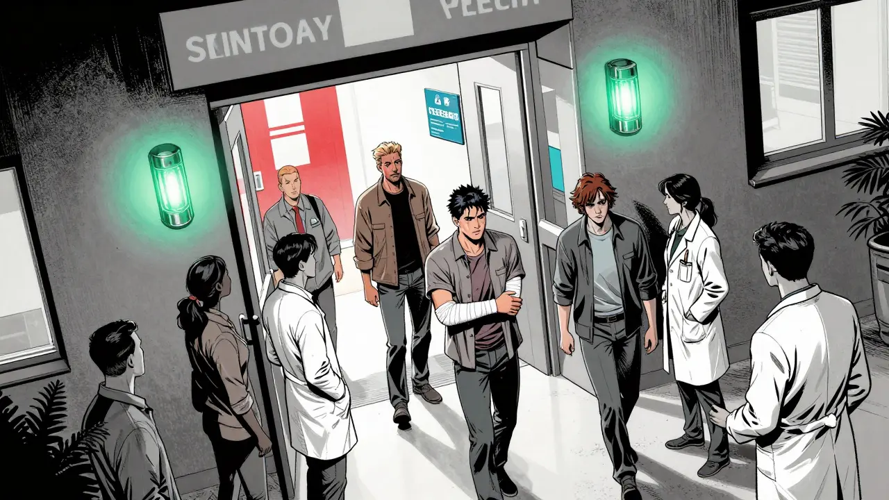 Lidé vstupují do psychiatrické pohotovosti, zaměstnanci je vítají, zelené světlo září.