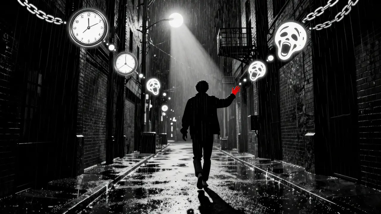 Osoba kráčí ulicí, kde se její myšlenky rozplynuvší v dešti, směřuje k světlu.