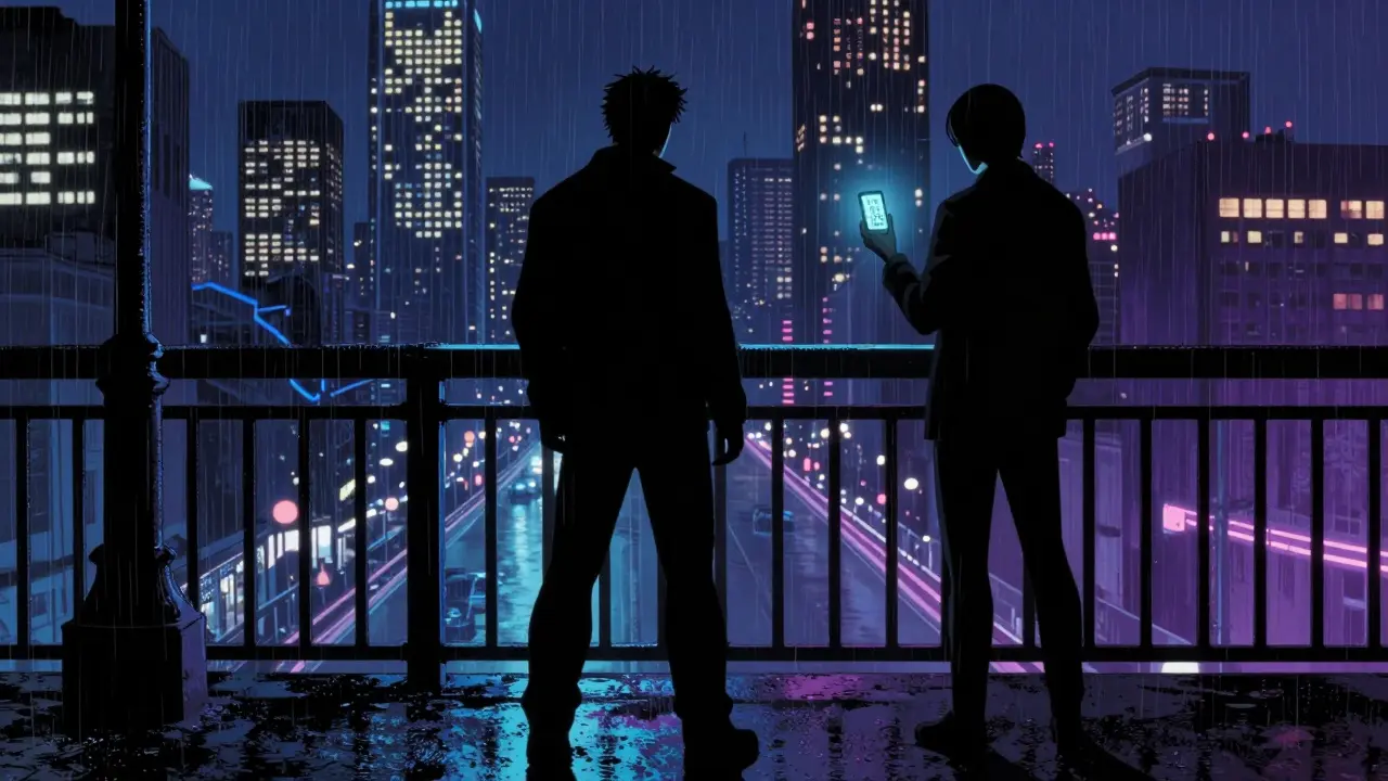 Postava na mostě v noci, druhá postava jí podává telefon s číslem pro prevenci sebevraždy.