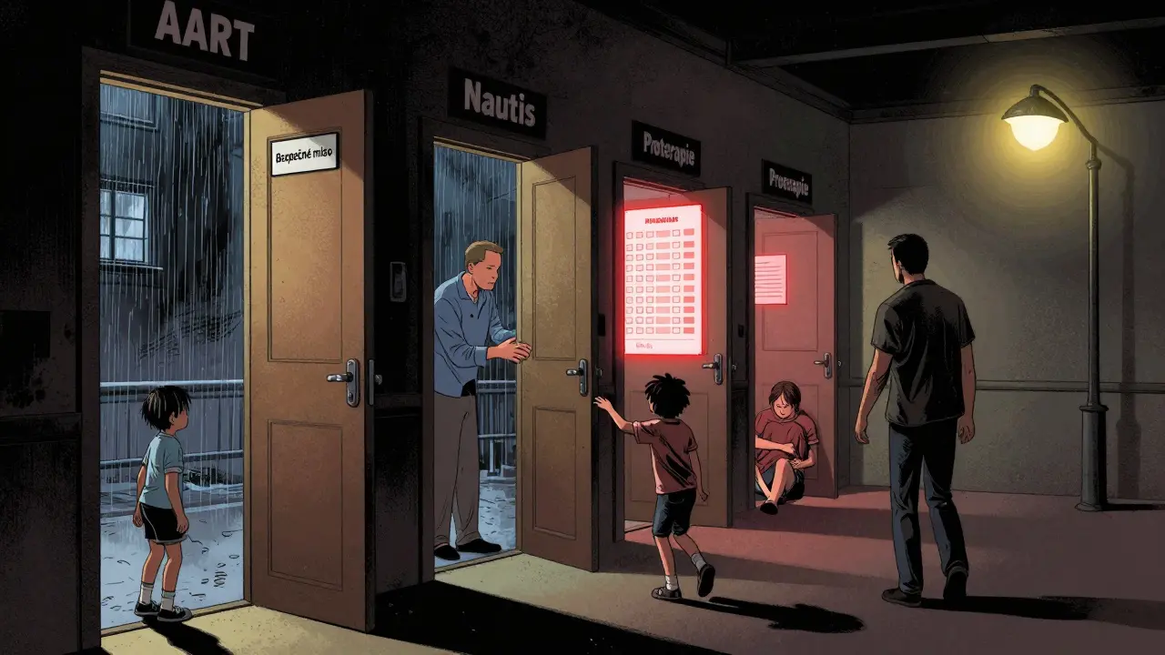 Rodič a dítě stojí před dveřmi různých terapeutických programů, dítě se dotýká dveří označených 'Bezpečné místo'.