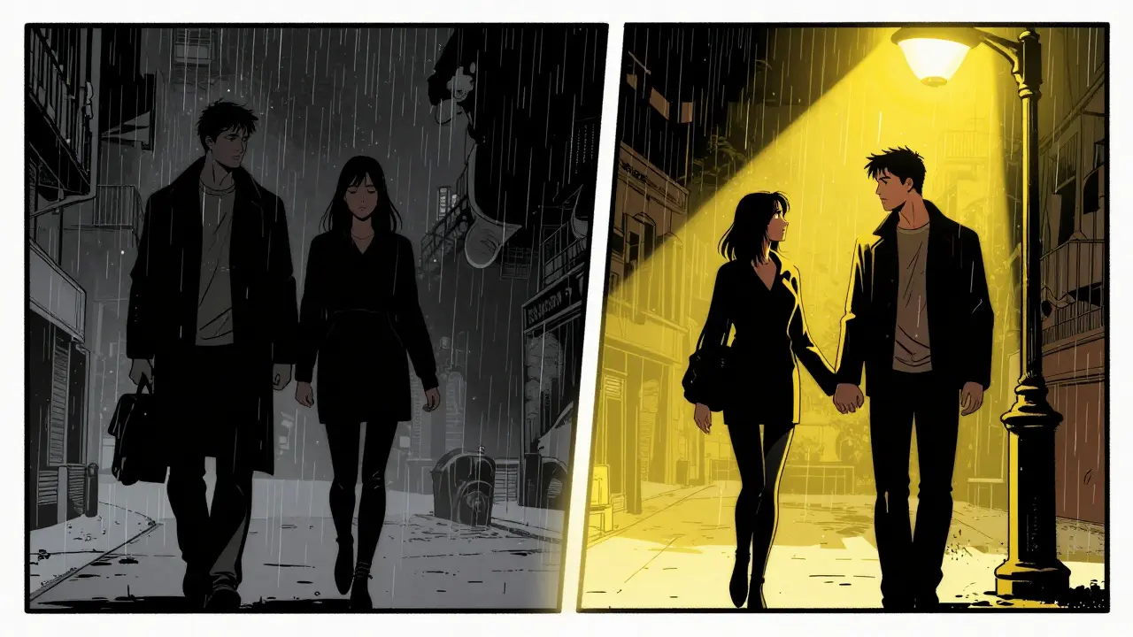 Rozdělený scénář: dvojice v dešti oddělená a později drží ruce pod žlutým světlem uliční lampy.