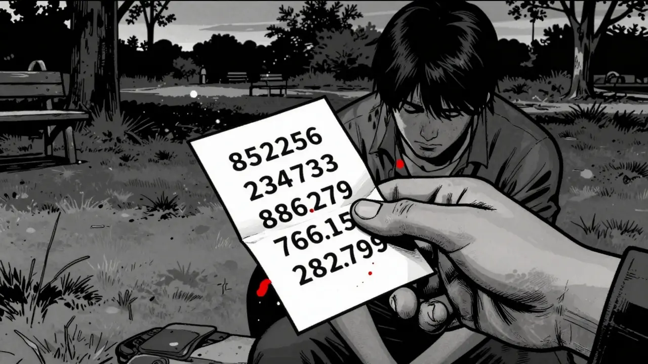 Ruka podává list s telefonním číslem někomu, kdo sedí v parku ve tmy.